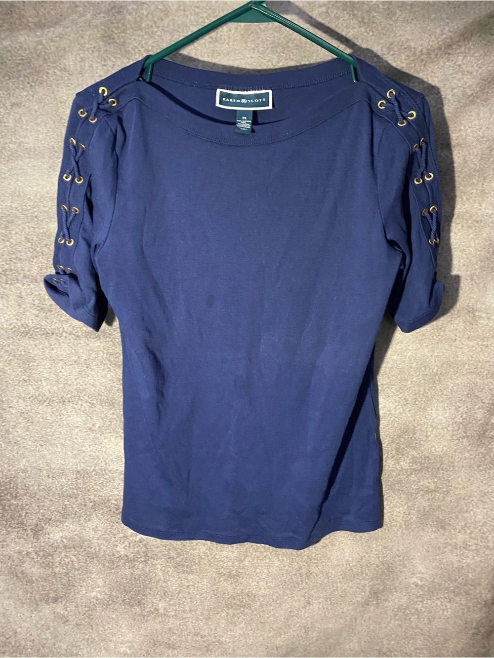 Karen Scott Women Medium Blue Boat Neck Short Sleeve Lace Up Shoulder Shirt Top